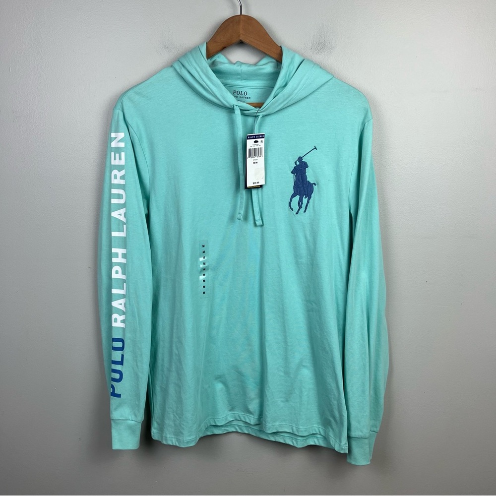 NWT Polo Ralph Lauren Aqua Green Blue Big Pony Light Sweater Hoodie, Size M